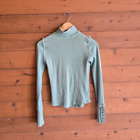 Free People Tops - Free People Freya Mock Neck Thermal Top Mint Dust XS Boho Cuffed 90's LS Blouse